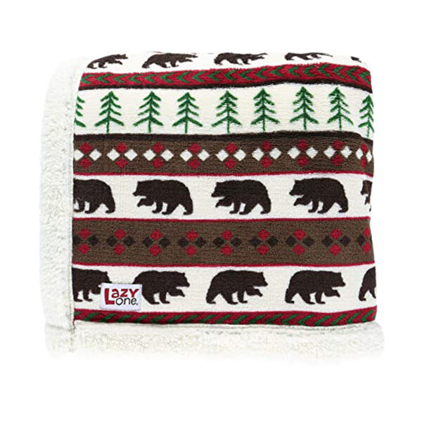Soft blanket with bears and trees patterned across.