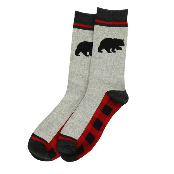 Gray socks with red black plaid accents on the foot bottom.