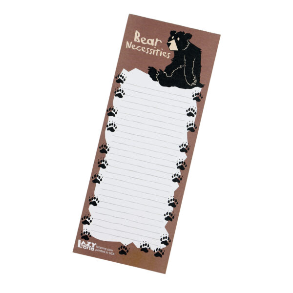 Magnetic notepad with a fun bear design saying Bear Necessities.