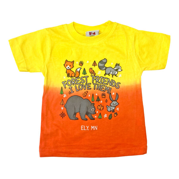 Ombre toddler shirt in bright orange and yellow with forest animal scene on front.