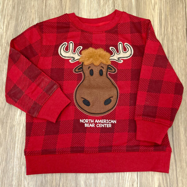 Red plaid moose toddler crew neck sweatshirt with a soft moose on the front. North American Bear Center is embroidered in white.