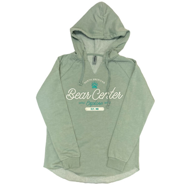 Soft green hoody with North American Bear Center embroidered on the front in white. Women's sizing.