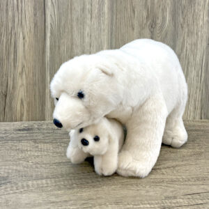Mom polar bear plush walking with her cub.