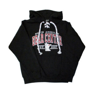 Black hoody with red and white embroidered North American Bear Center with hockey laces.