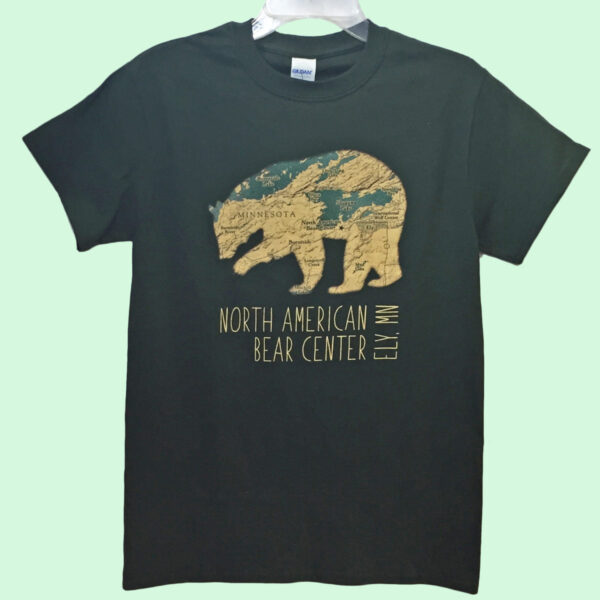 Black bear shaped adult t-shirt with map of Ely area on it in forest green.