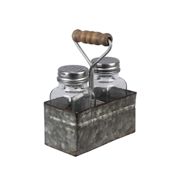 Galvanized holder that comes with glass salt and pepper shakers.