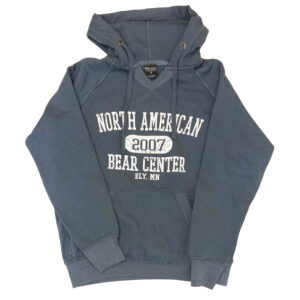 Stone gray v-notch adult hoody with North American Bear Center screen printed on front in white.